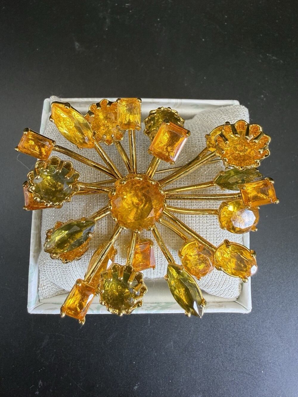 Vintage J. Crew Starburst Amber Rhinestone Gold Tone Wired Large Brooch Signed